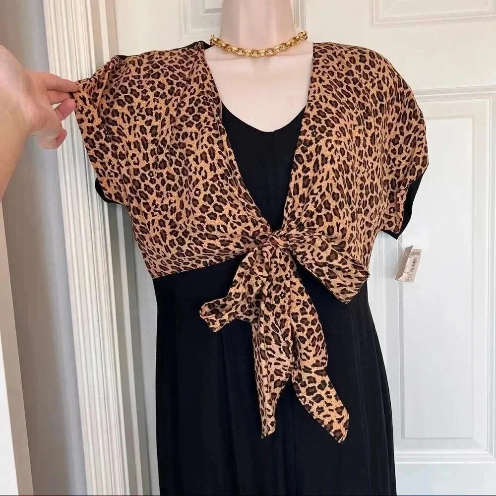 vintage Gantos dead stock 90’s black leopard print wide leg pant jumpsuit 4-6